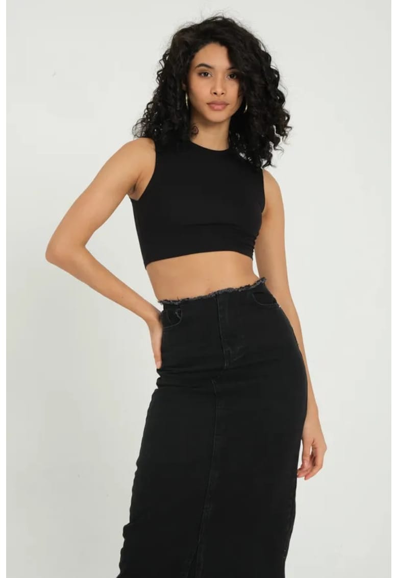 Tricou dama -  crop basic - guler rotund - negru - textil