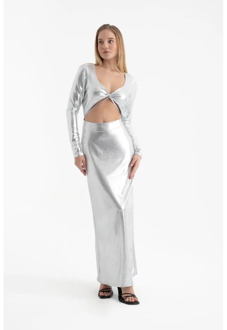 Rochie maxi -  decolteu in V metalic - maneca lunga - gri - textil