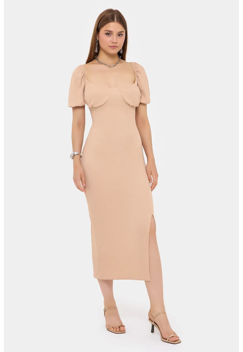 Rochie midi -  decolteu in forma de inima - maneci bufante - bej - textil