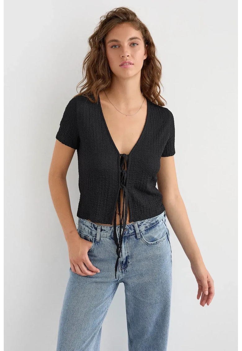 Bluza dama -  maneca scurta - detalii de legat - negru - poliester si elastan