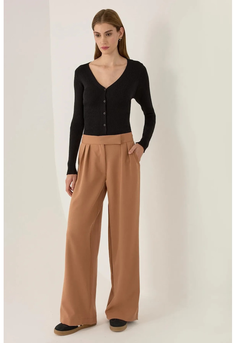 Pantaloni dama -  cu talie inalta - maro - poliester-elastan - Maro