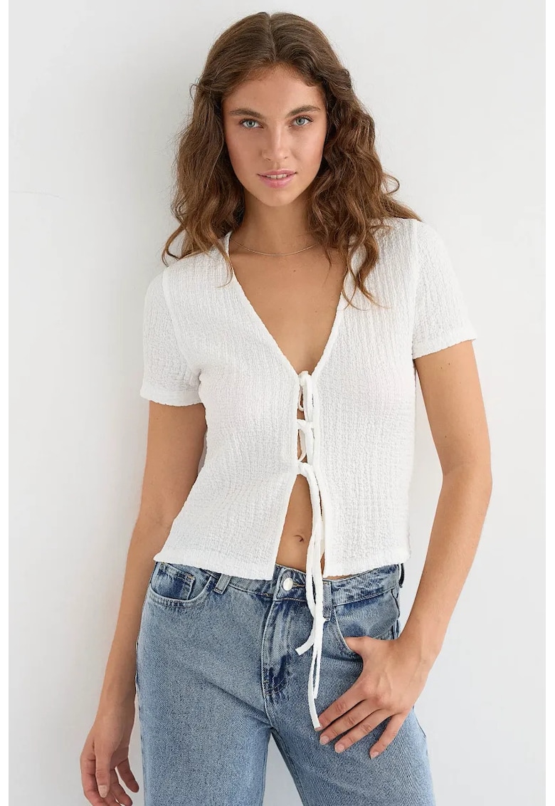 Bluza dama -  maneca scurta - detalii de legat - alb - poliester si elastan