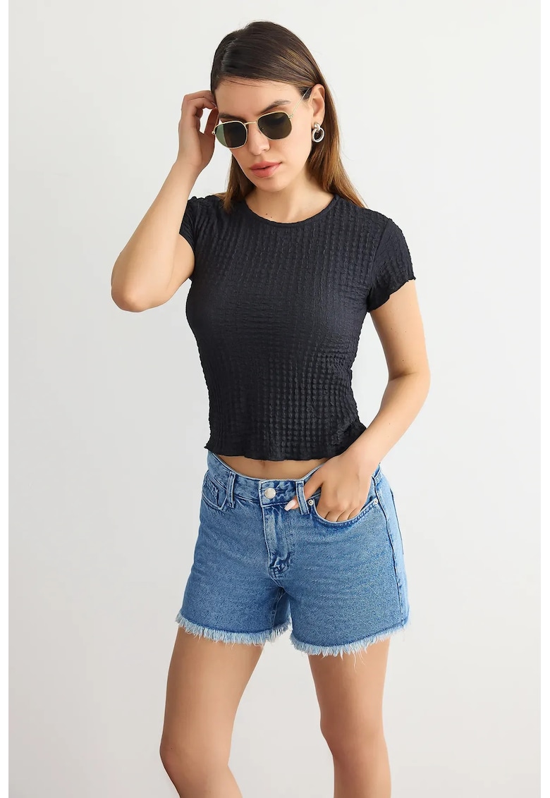 Top dama -  scurt - maneca scurta - decolteu rotund - negru - poliester