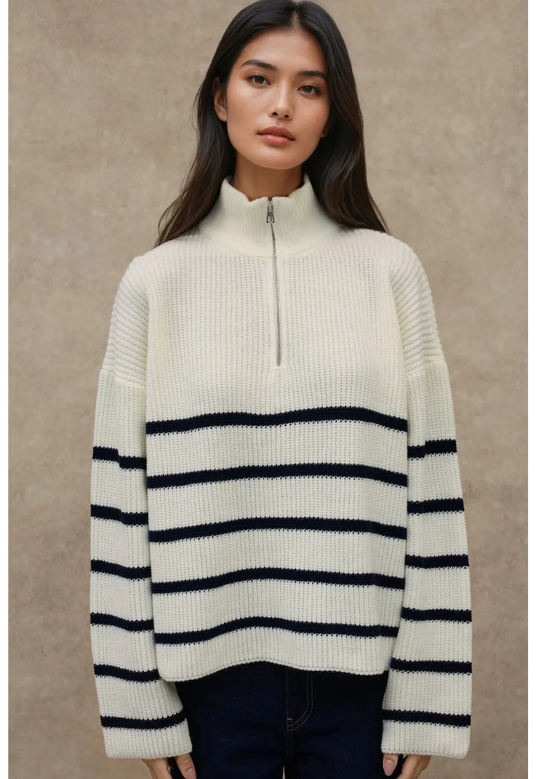 Pulover dama  cu guler cu fermoar - maneca lunga - dungi - alb negru - tricot