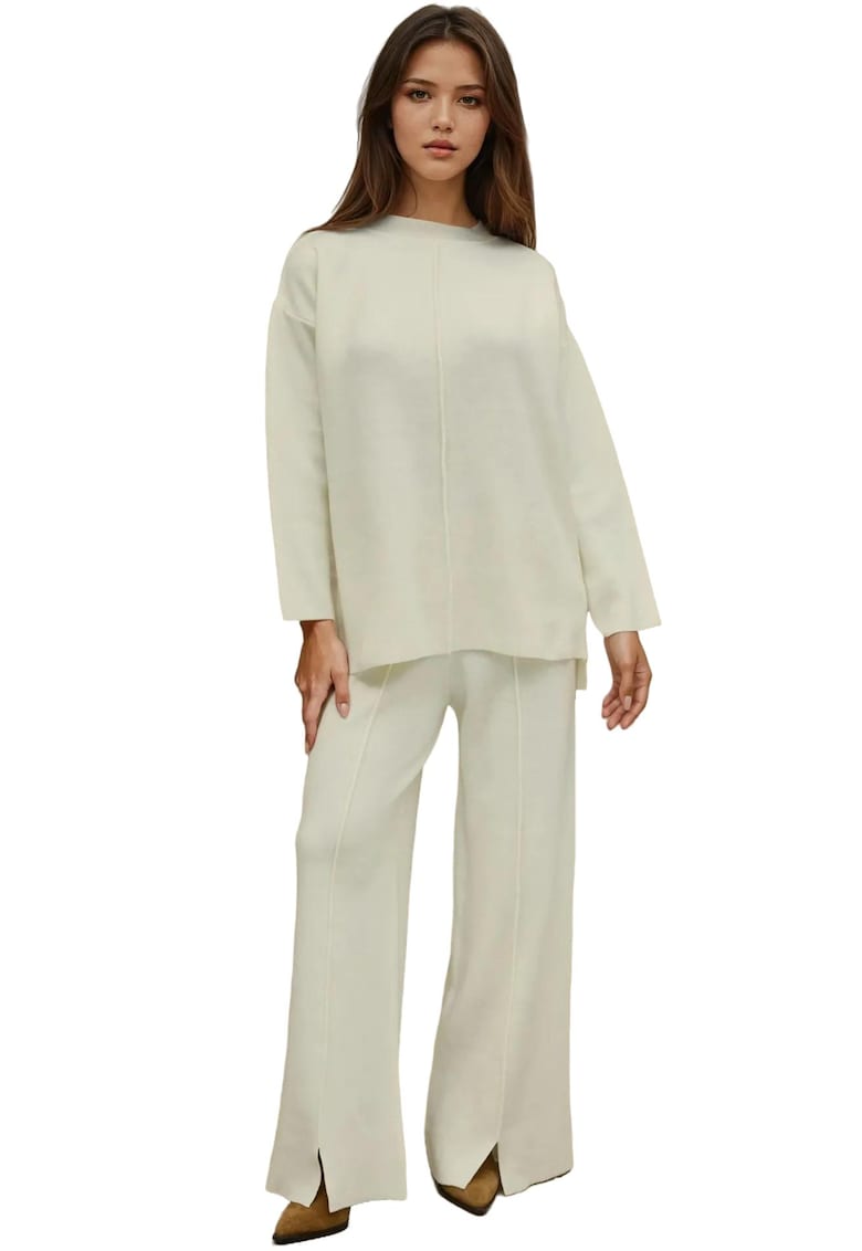 Set compleu pulover lung si pantaloni largi -  tricot - alb