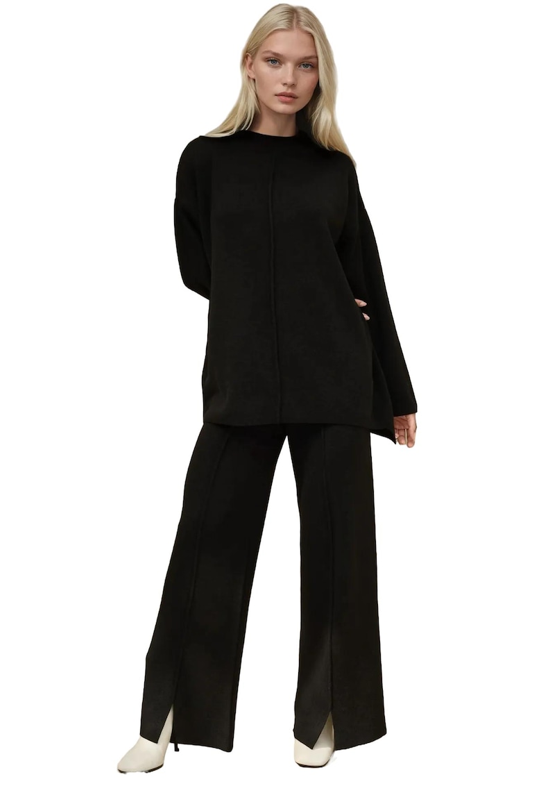 Set coompleu pulover lung si pantaloni largi -  tricot - negru