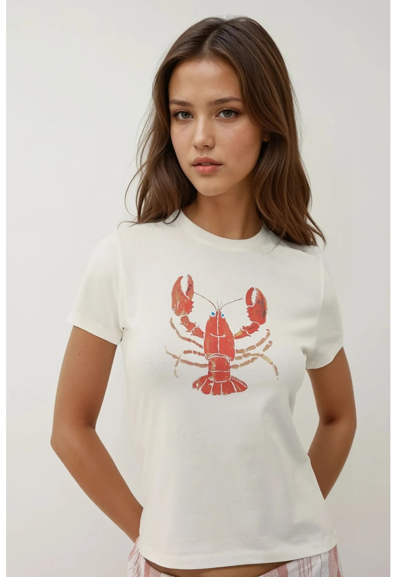 Tricou dama -  guler rotund - imprimeu modern - alb - jerseu