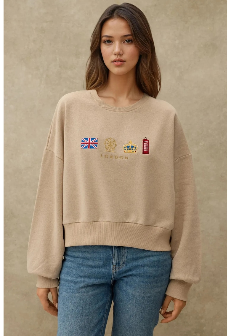 Hanorac dama  guler rotund - detalii brodate - bej - textil