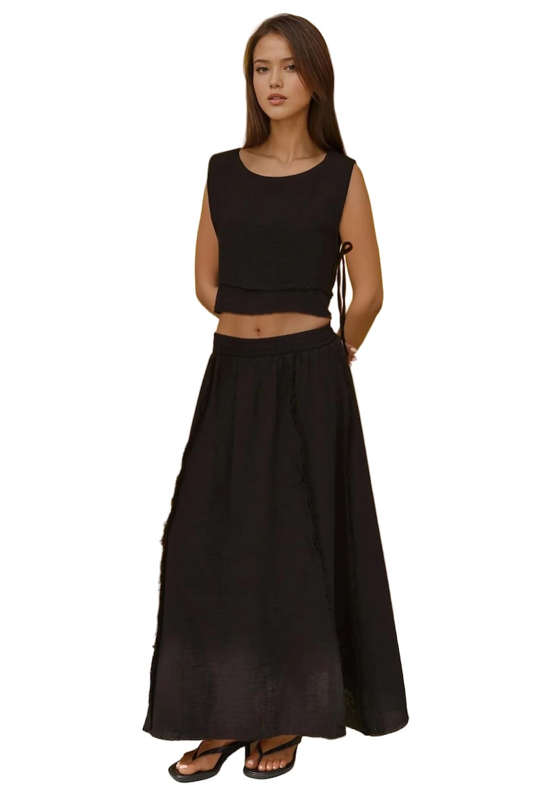 Set compleu -  bluza cu legaturi laterale - fusta elastica - negru - muselina