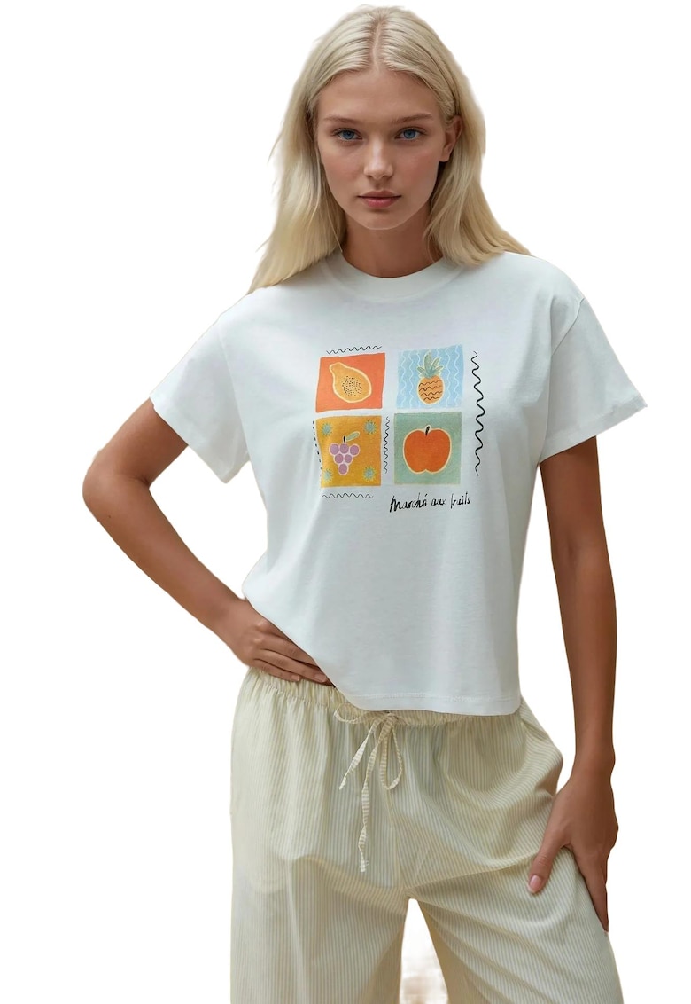 Tricou dama  imprimeu - croiala regulata - maneca scurta - multicolor - bumbac