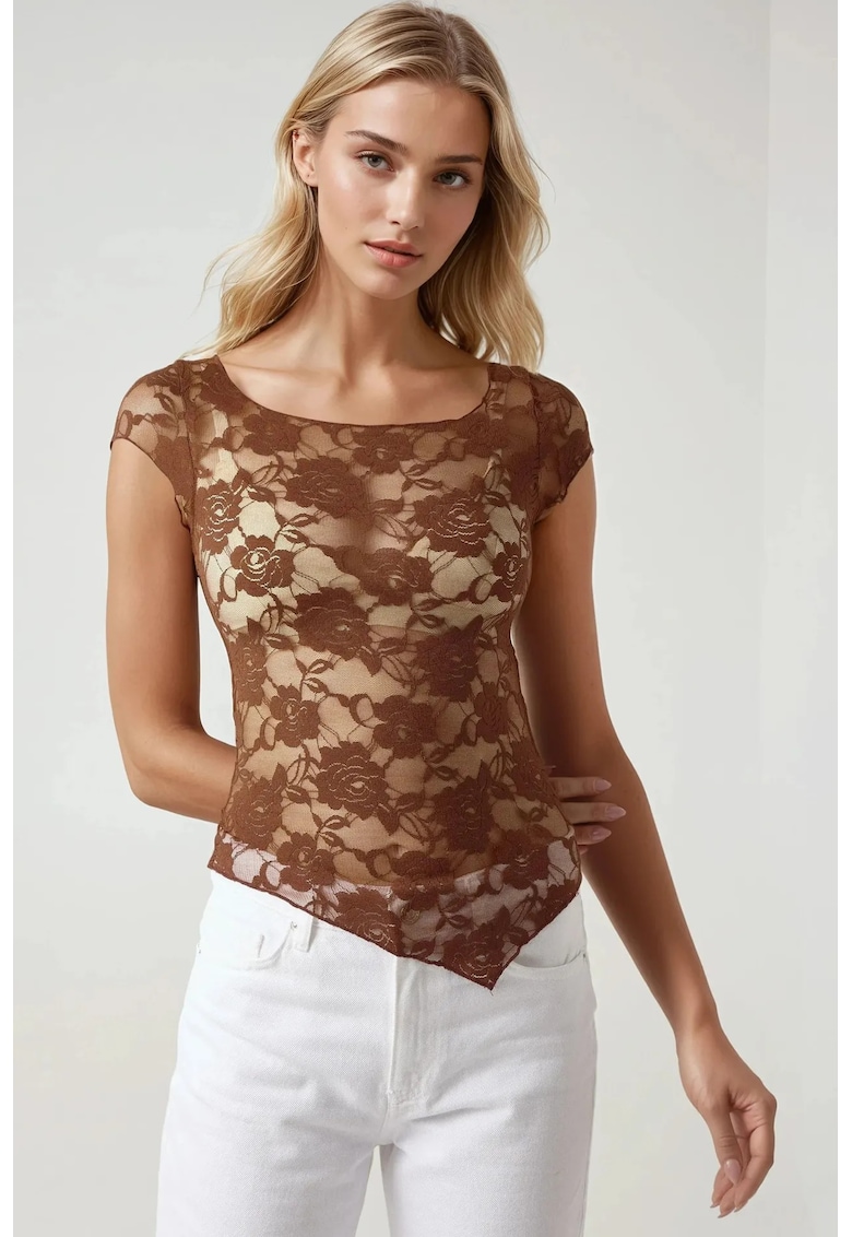 Top scurt -  dantela florala - slim fit - maro - jerseu