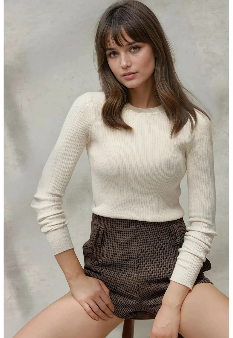 Pulover dama -  alb - tricot - guler rotund