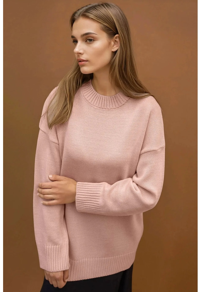 Pulover dama -  lung tricotat gros - guler rotund - roz - tricot