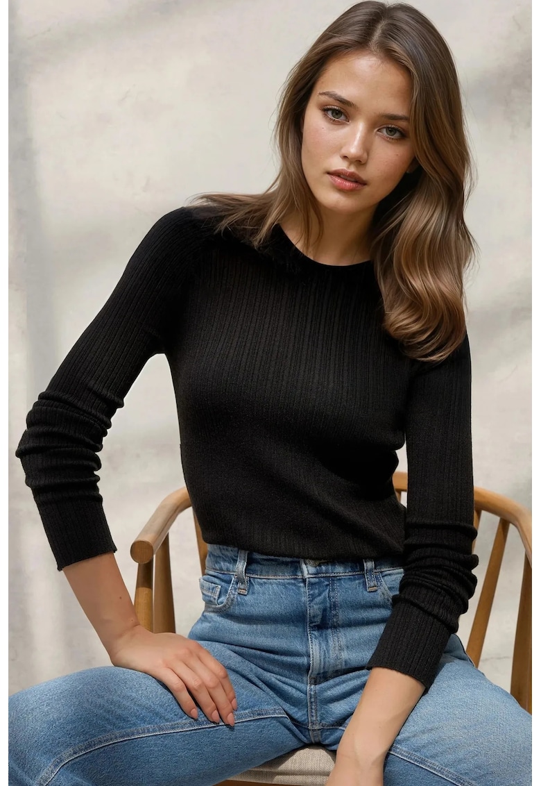 Pulover dama  guler rotund - maneca lunga - negru - tricot