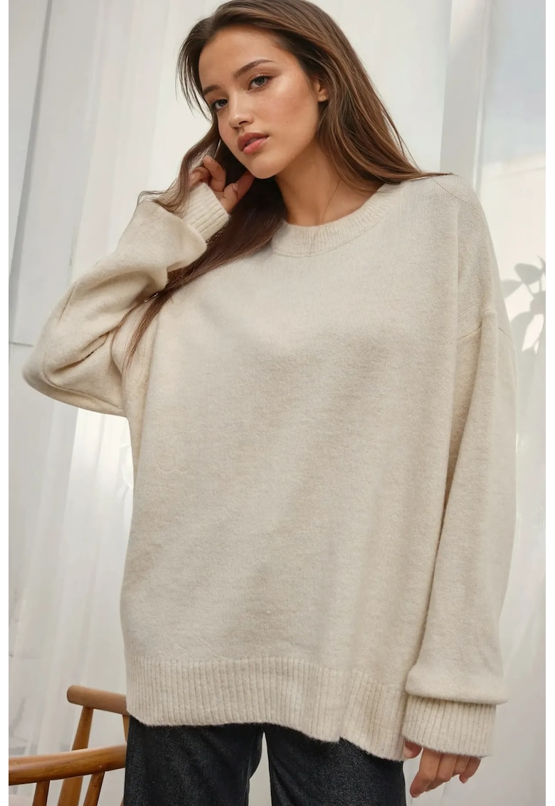 Pulover dama -  tricotat confortabil - guler rotund - tricot - Fildes Natural -
