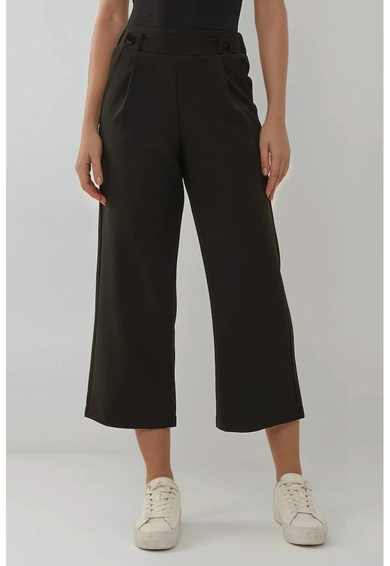 Pantaloni dama -  cu talie inalta - detalii nasturi - negru - textil