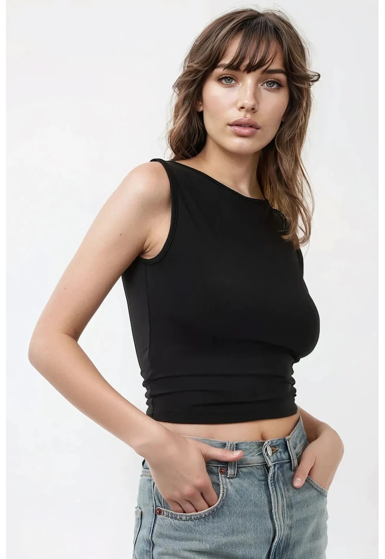 Top scurt slim fit -  decolteu tip barca - detaliu la spate - negru - jerseu