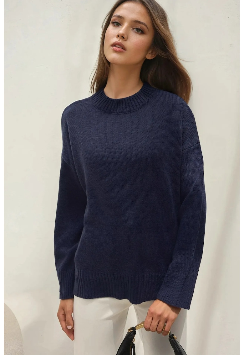 Pulover dama  guler rotund - albastru - tricot - confortabil