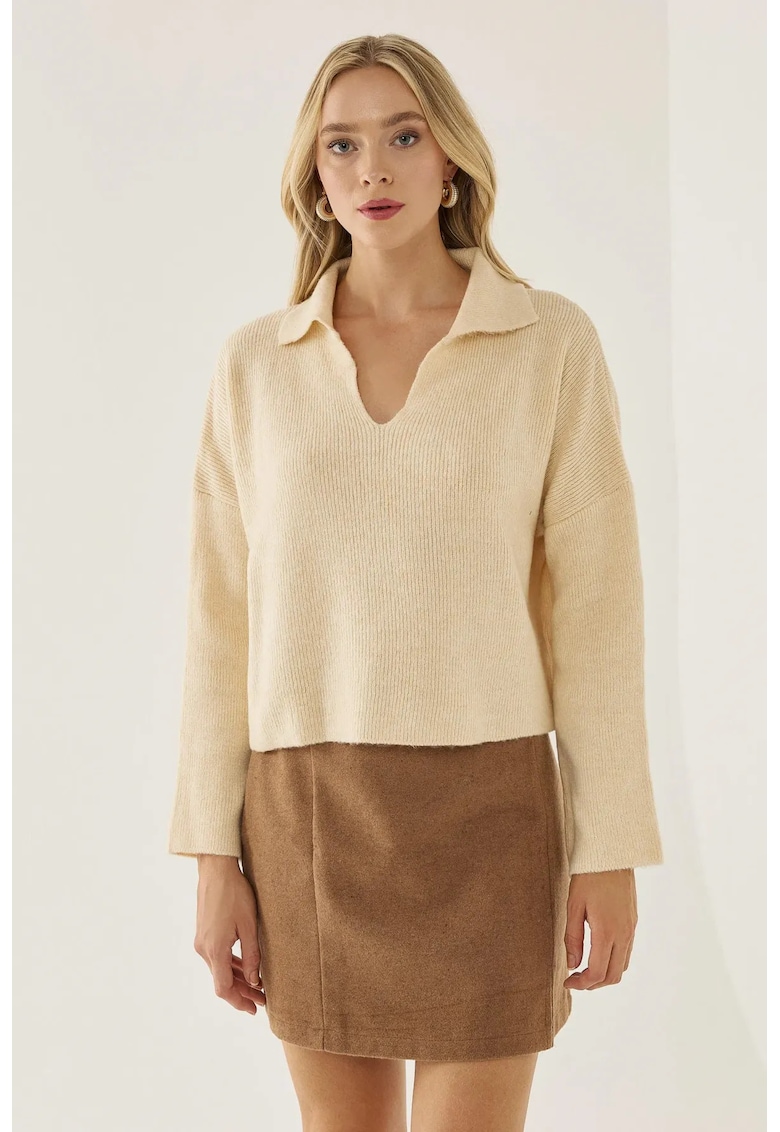 Pulover dama  guler camasa - croiala lejera - natural - acril