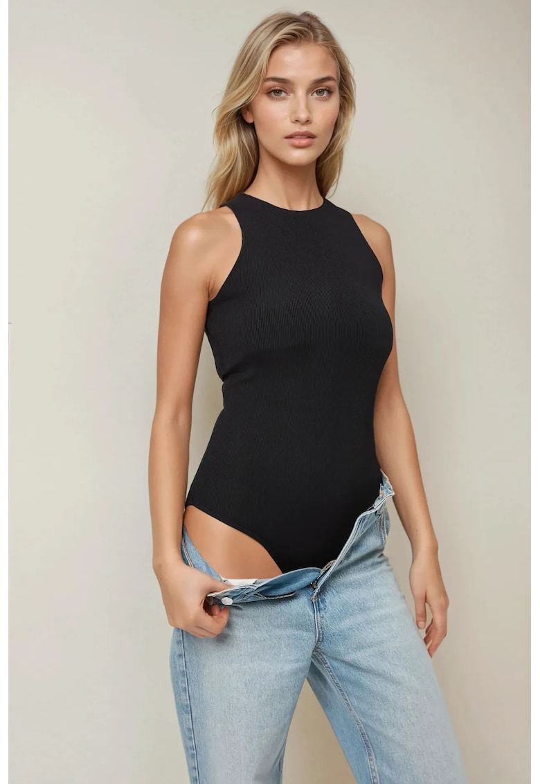 Body texturat  guler halter - croiala slim fit - negru - jerseu