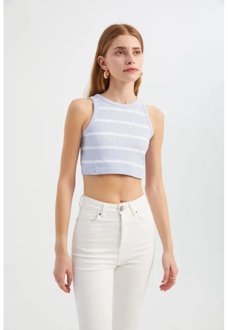 Top  -  crop cu guler rotund - dungi - violet - textil
