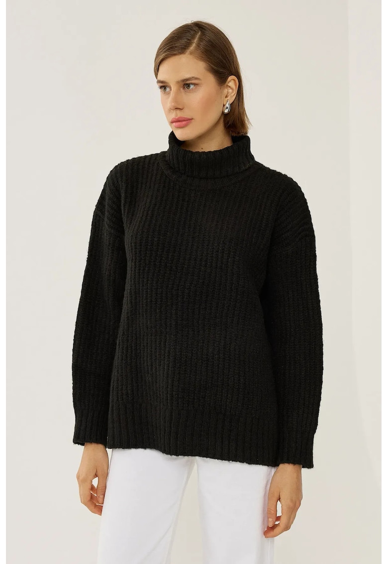 Pulover dama -  cu guler inalt - negru - acril