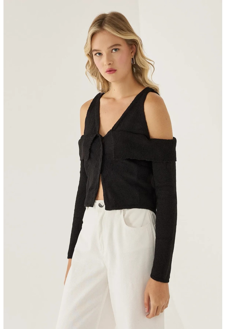 Pulover tricotat decupat -  negru - acril - pentru femei