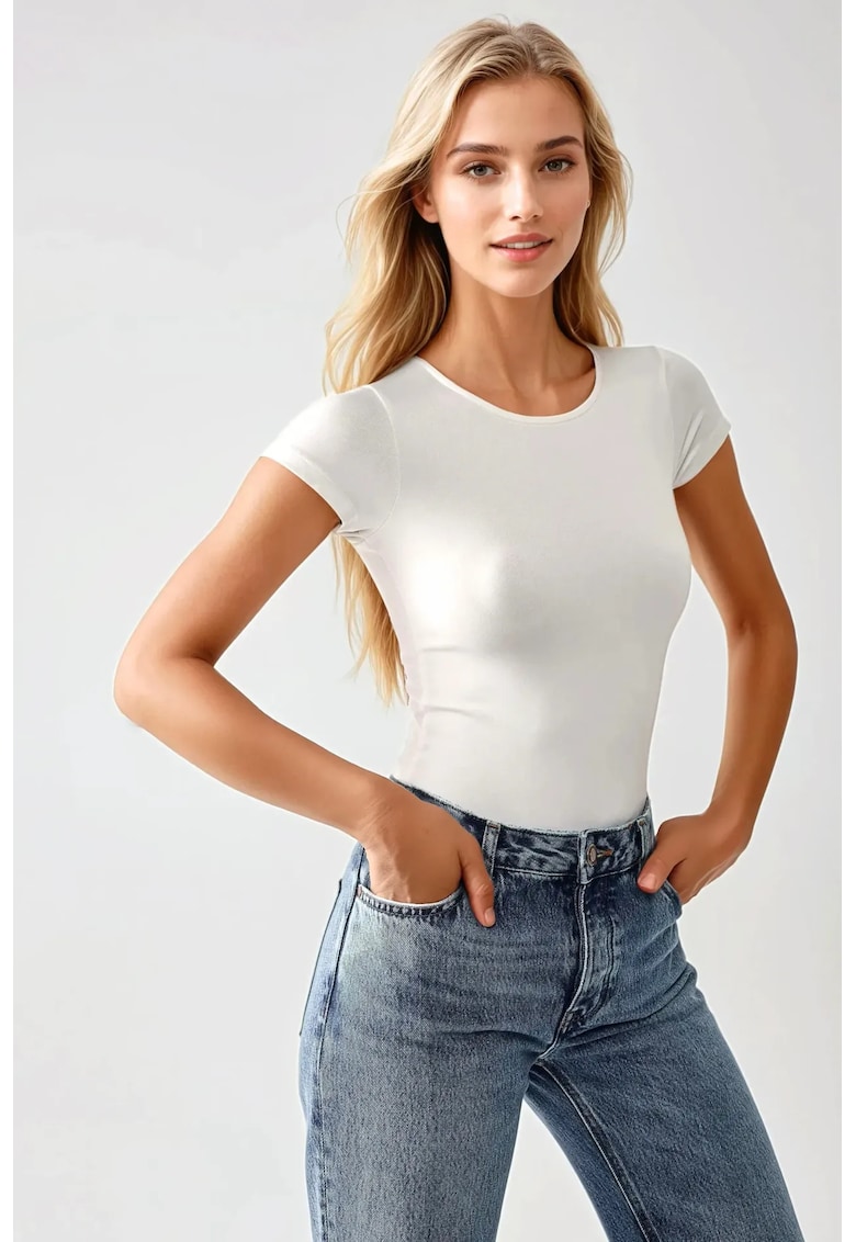 Body tricotat -  guler rotund - croiala slim fit - alb - tricot