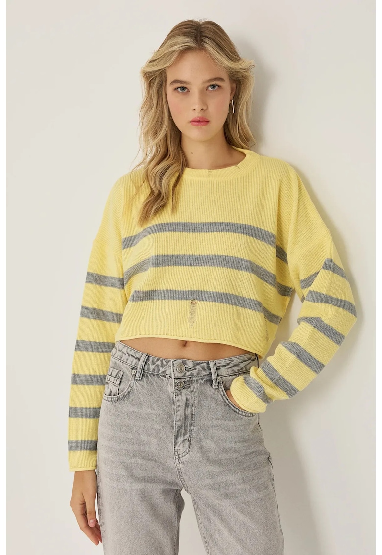 Pulover dama  guler rotund - dungi - galben - material acrilic