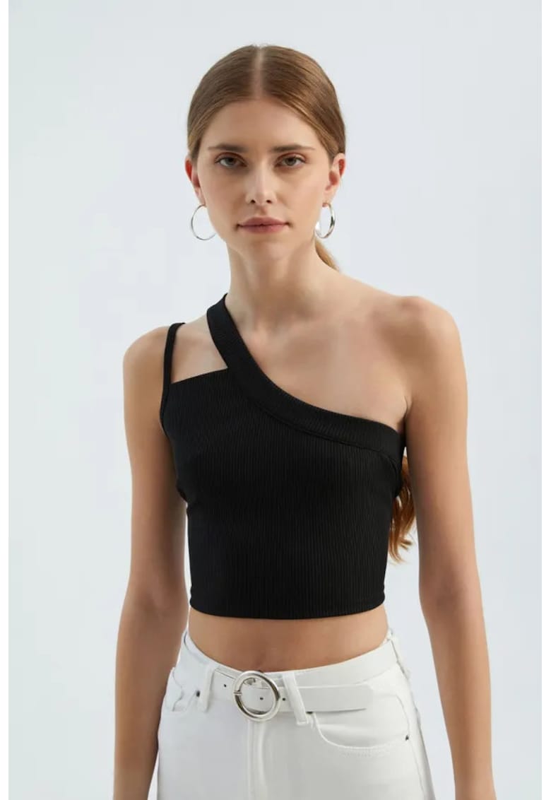 Top scurt -  cu un umar - decupaj elegant - negru - jerseu