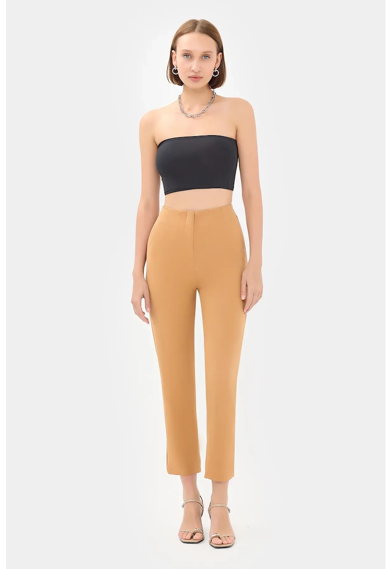 Pantaloni dama -  talie inalta - croiala tip morcov - alb - textil