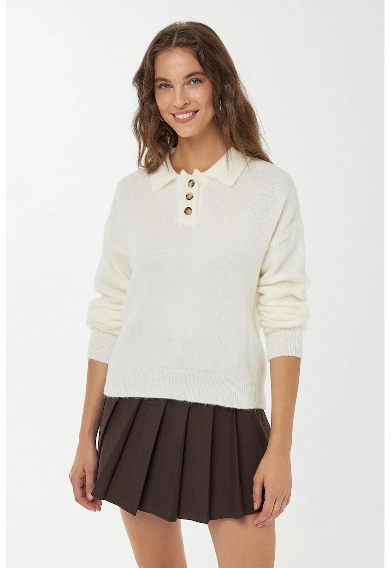 Pulover dama -  pulover tricotat cu guler cu nasturi - alb - tricot