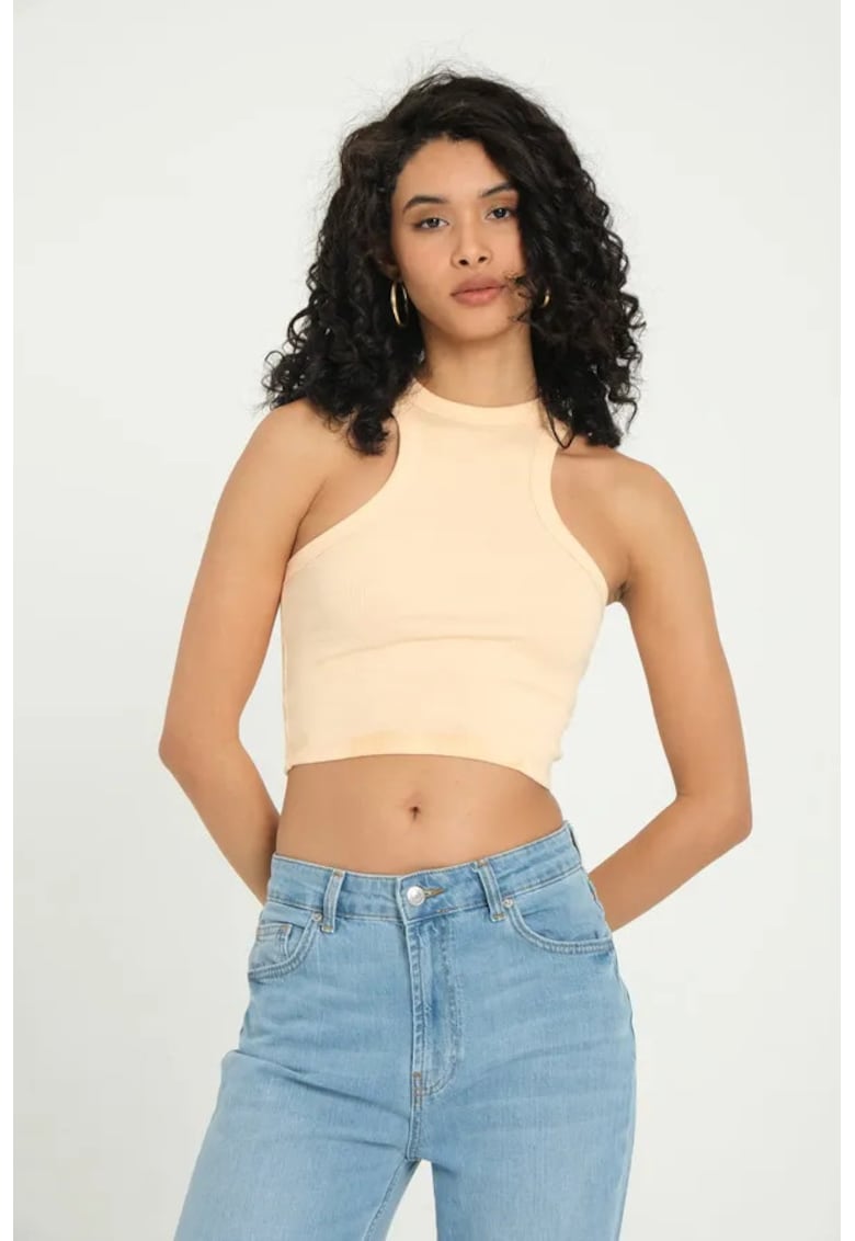 Top scurt -  cu decolteu halter - nervuri - portocaliu - textil