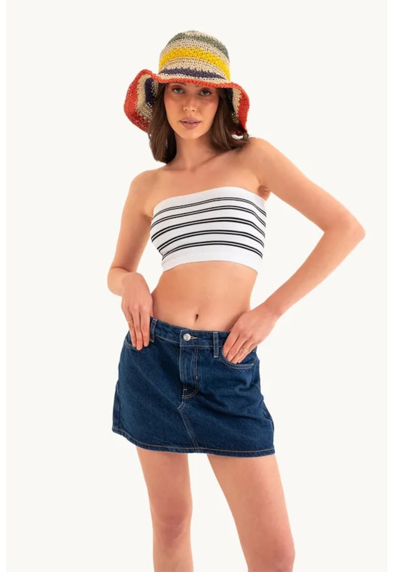 Top scurt -  cu dungi multicolore - fara bretele - alb - jerseu - set