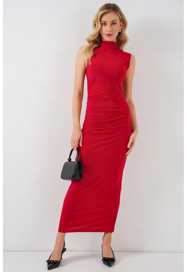 Rochie midi - HiCCUP - guler inalt - rosu - jerseu