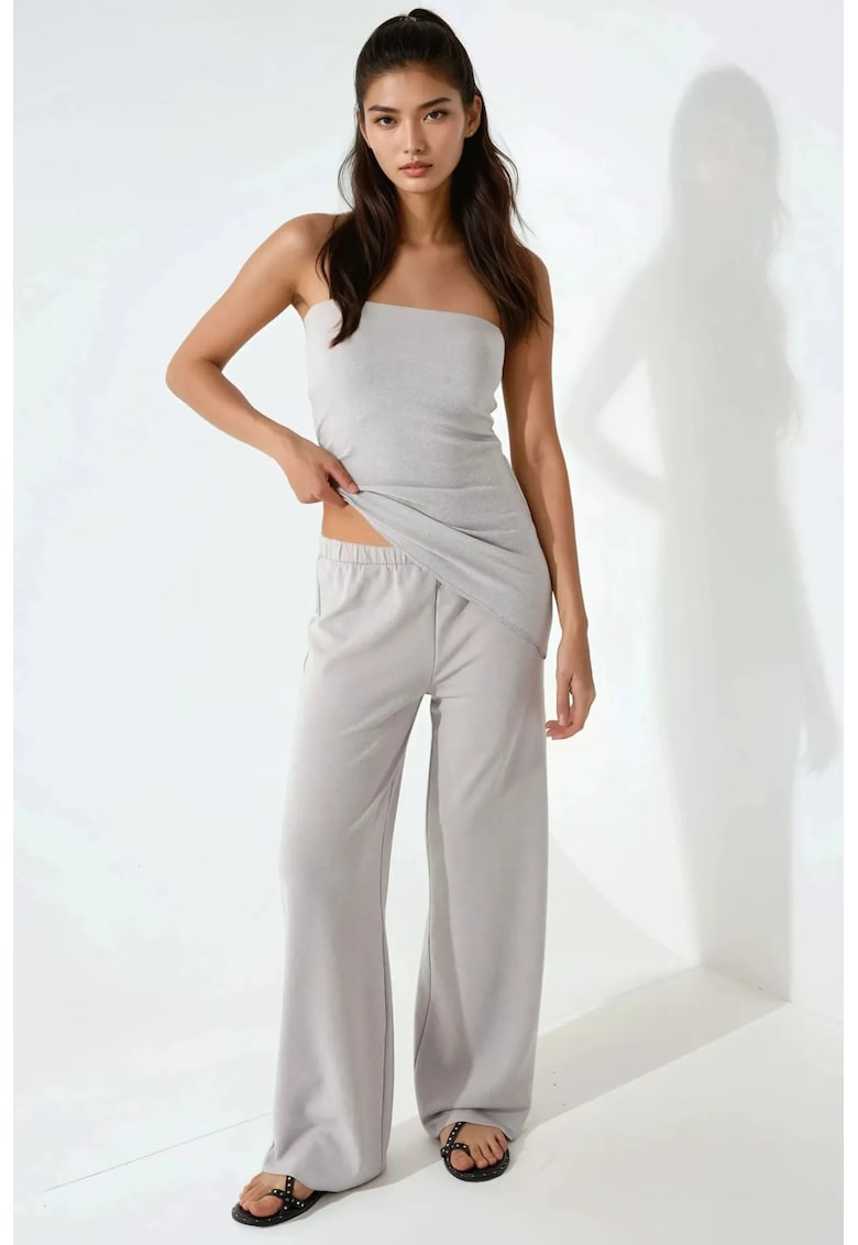 Costum dama  set doua piese - top texturat fara bretele si pantaloni - albastru glaciar - jerseu