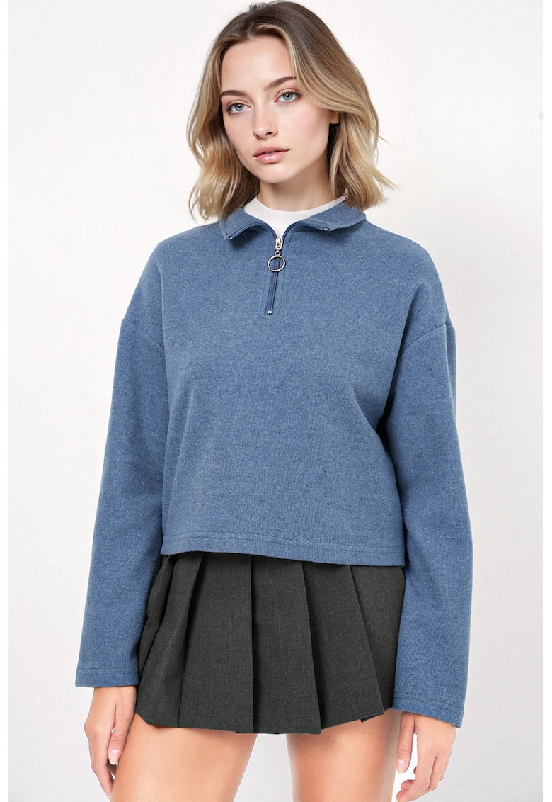Pulover dama HiCCUP Relaxed Fit Crop - guler cu fermoar - bleumarin - bumbac si poliester