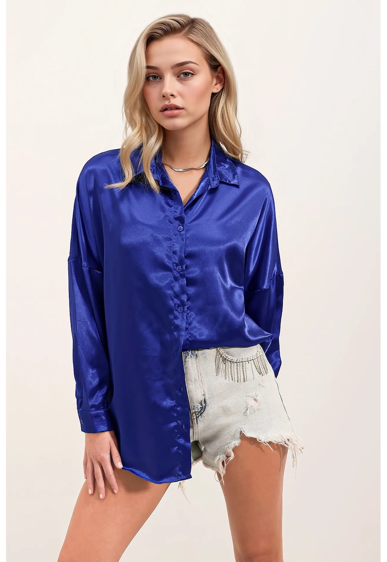 Camasa supradimensionata - BigDart - satin - cu inchidere cu nasturi - Albastru de cobalt -