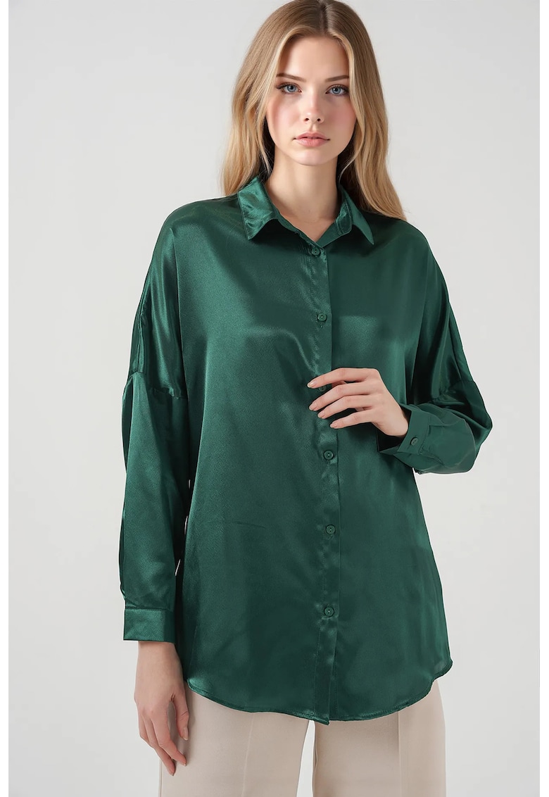 Camasa supradimensionata HiCCUP din satin - verde padure - poliester - cu inchidere cu nasturi