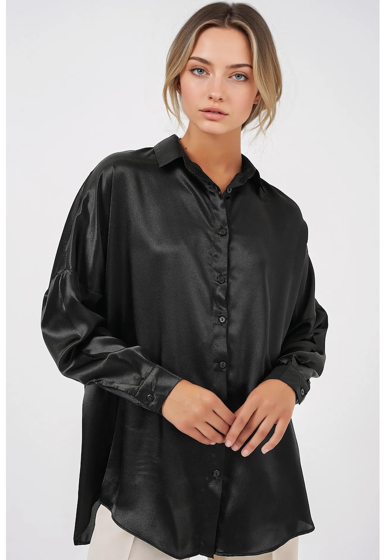 Camasa dama - HiCCUP - supradimensionata - satin - negru - poliester