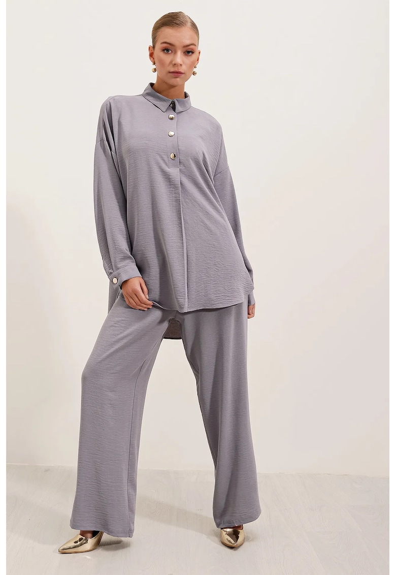 Set camasa texturata cu maneca lunga si pantaloni largi HiCCUP - gri - poliester-lycra