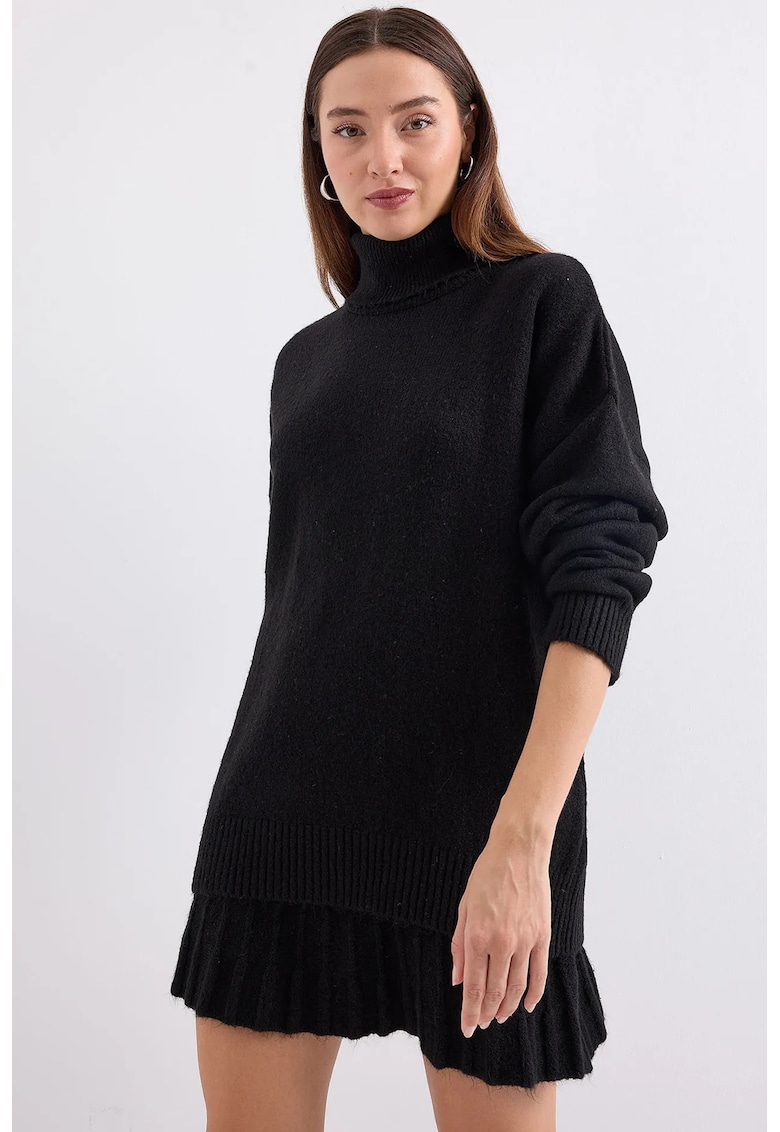 Rochie  Set Coordonat - Tricot Texturat - Jerseu - Negru -