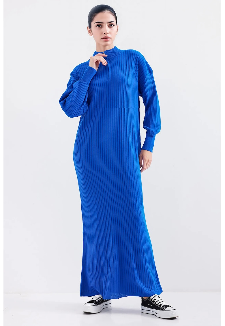 Rochie tricotata  guler inalt - fermoar - material texturat - Albastru de cobalt -