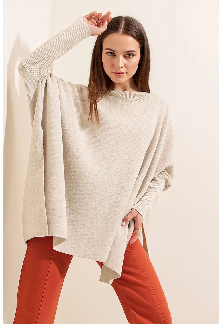 Pulover dama - BigDart - cu guler inalt - dungi - tricot - Crema naturala -