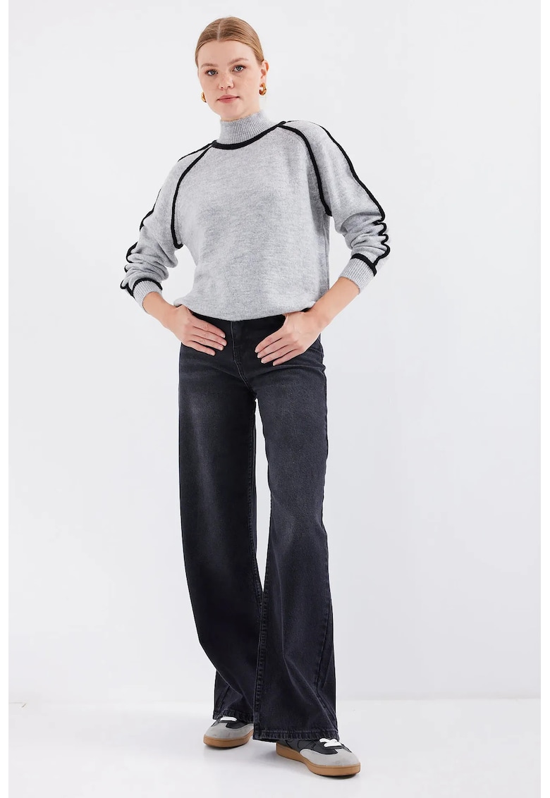 Oferte la Pulover dama - BigDart - guler inalt - dungi supradimensionate - tricot - Gri deschis -