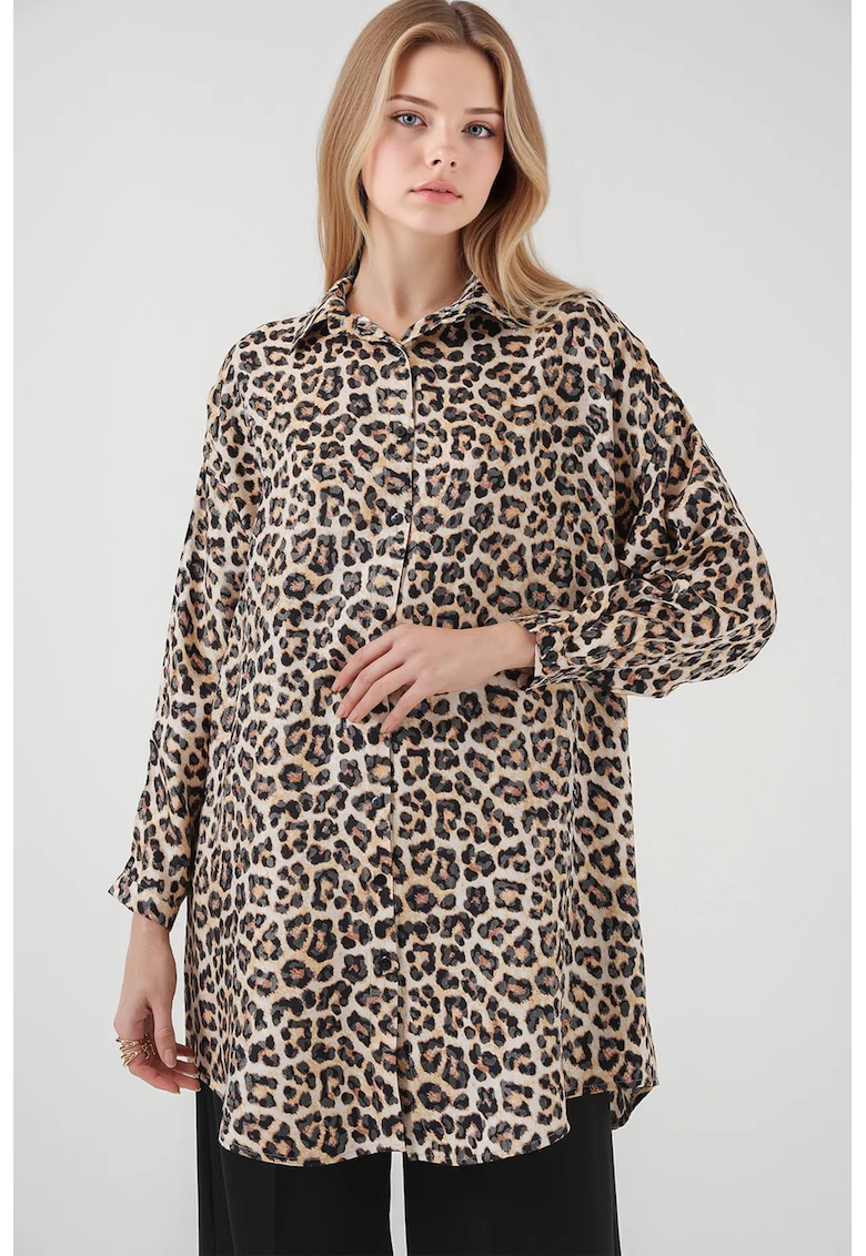 Camasa dama - HiCCUP - imprimeu leopard - eleganta - bej - viscoza/poliester