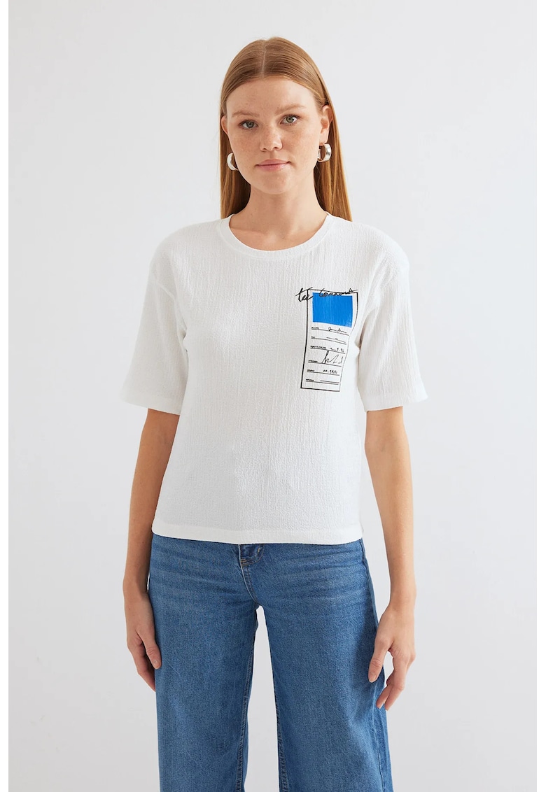 Tricou dama HiCCUP - cu imprimeu - poliester/lcyra - alb/albastru