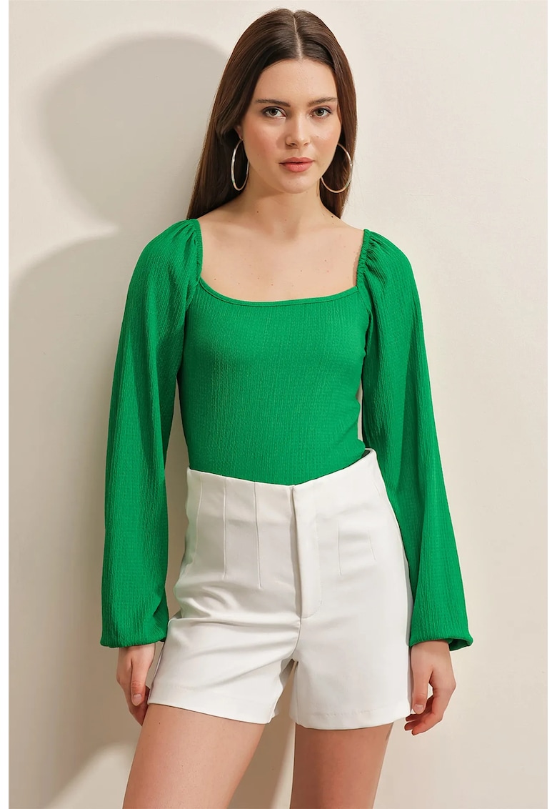 Bluza dama - HiCCUP - mulata - poliester/lycra - cu decolteu patrat - detalii cu volane - verde
