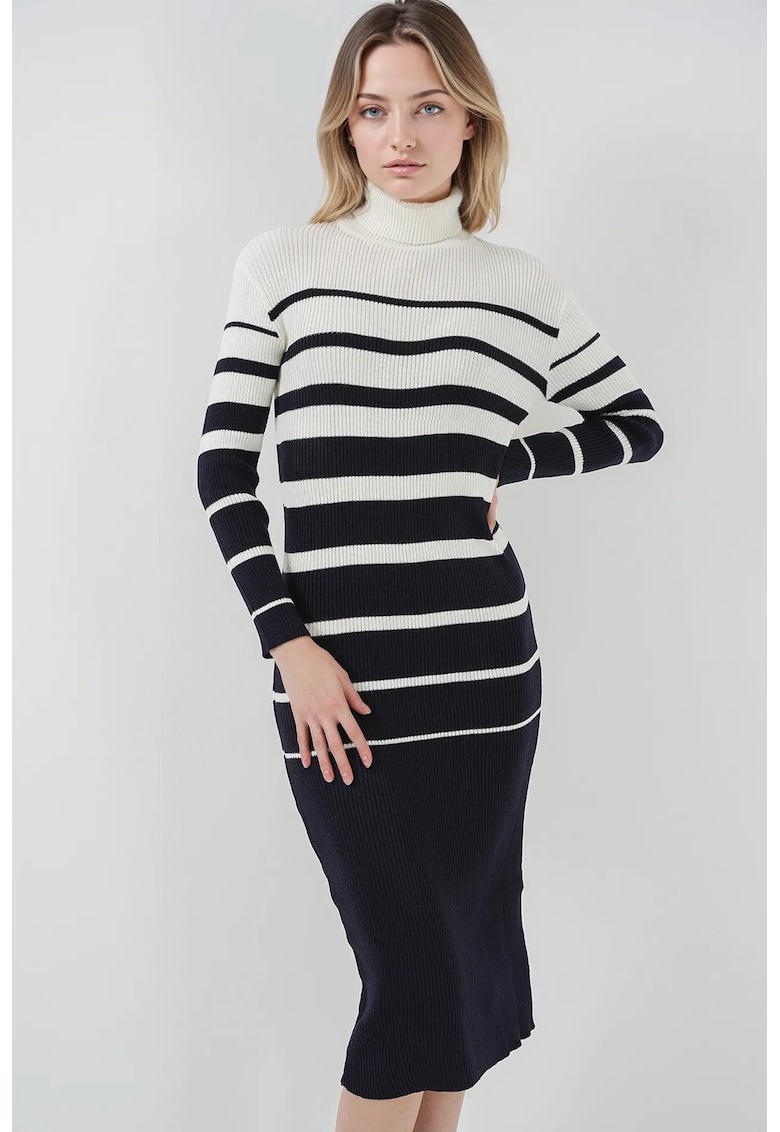Rochie midi tricotata  cu guler inalt - dungi - tricot - Negru -