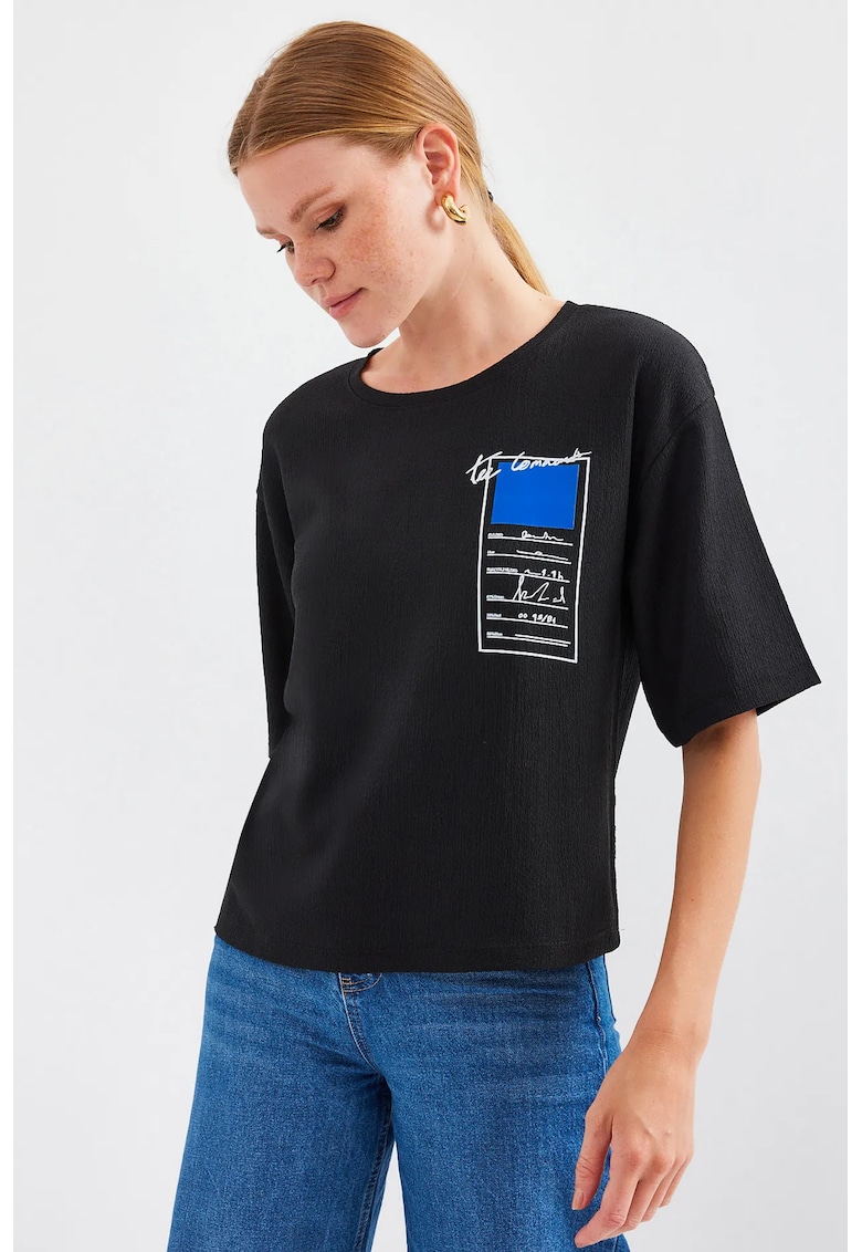 Tricou dama HiCCUP - cu imprimeu - bumbac - negru/albastru